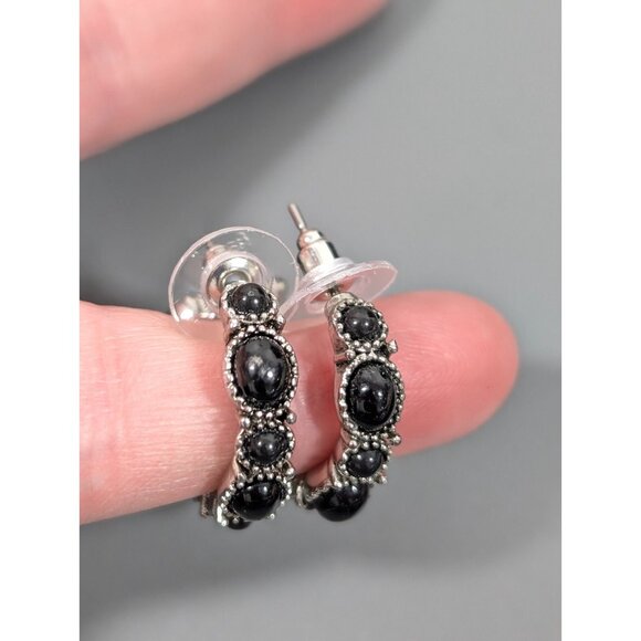 Chaps Black Cabochon Silver Tone Hoop Pierced Earrings Western Boho - Picture 12 of 12